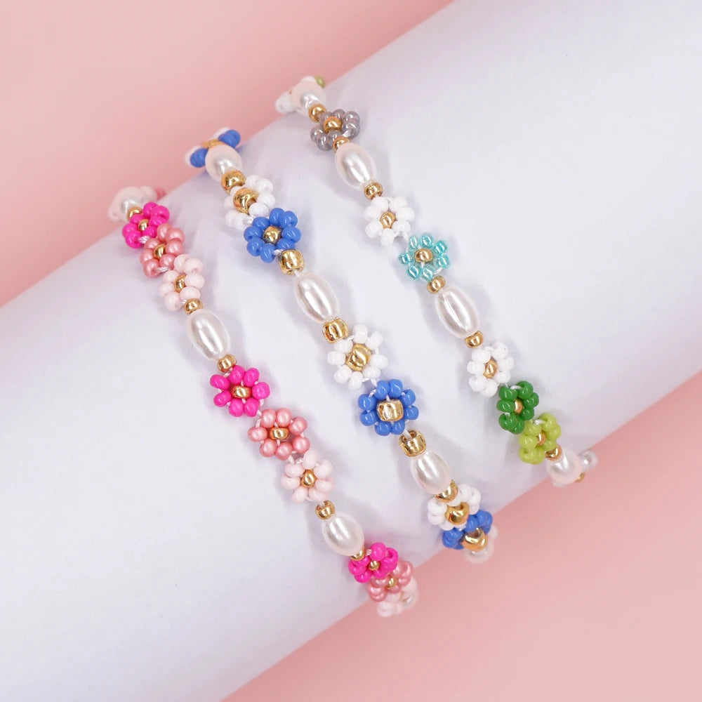 Hemasa Adjustable Stainless Steel Charm Flowers Beads  Bracelet  for Women /Girls