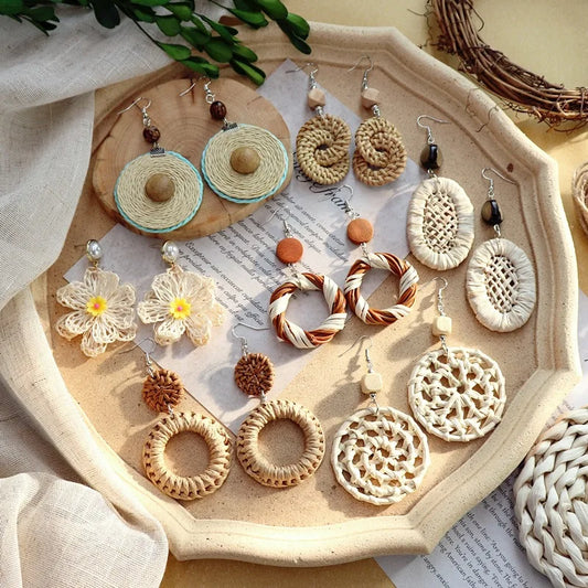 New Fashion 2024 Handmade Bohemian Geometric Wooden Big Hollow Out Square Rattan Straw Weave Drop Earrings for Women