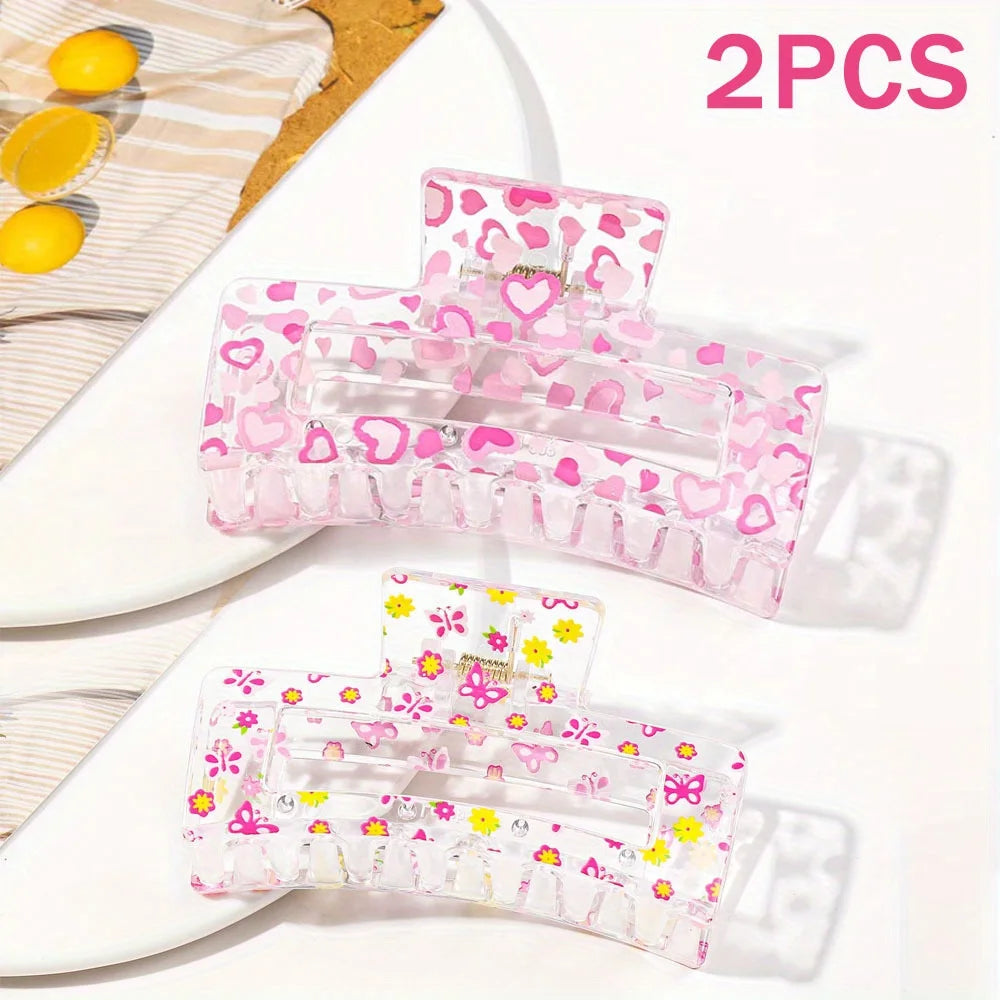 2-1PCS Transparent Flower Hair Clip, Heart Shape Banana Clip for Women, Non-Slip Strong Hold for Thick Thin Hair