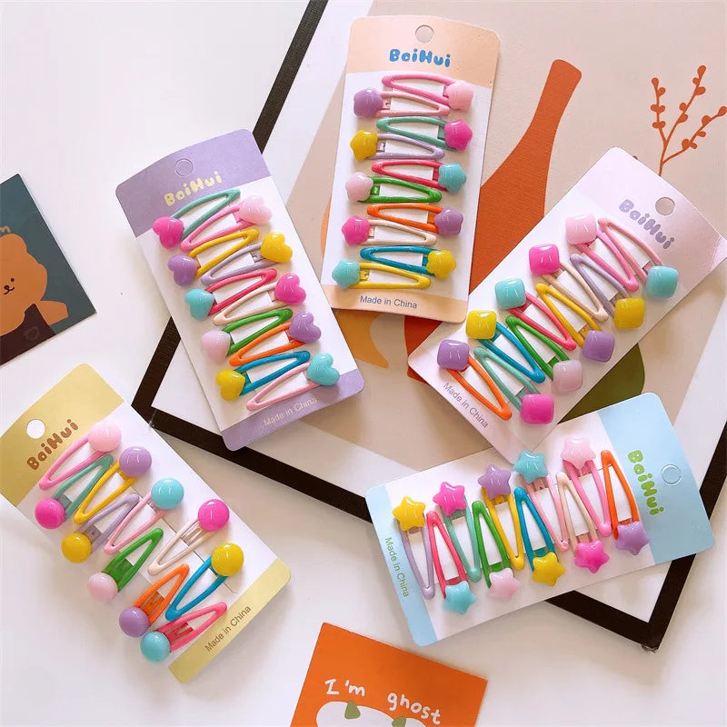 Hemasa 10pcs/set Cute Colorful snap hair clips for girls heart hairclip baby kawaii star clips princess hair pins kids hair accesories
