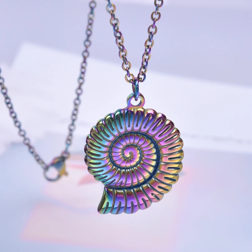Fashion Conch Round Coil Thread Necklace For Women Stainless Steel Pendant Trendy Rainbow Collar Long Chain Choker  Jewelry