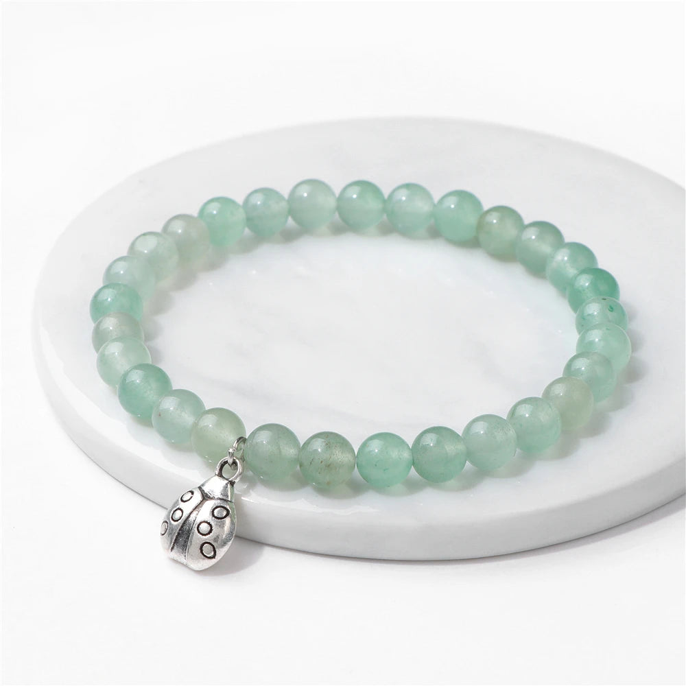 Fashion Animal Ladybug Pendant Bracelet Natural Stone Quartz Turquoises Beads Charm Bracelets Women Men Cute Lucky Jewelry Gift