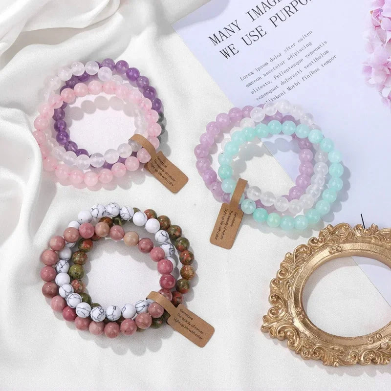 3PCS Natural Stone Bracelet Pink Quartz Citrine Amethyst Turquoise Round Gravel Shape Piece Bead Bracelet Set For Men And Women
