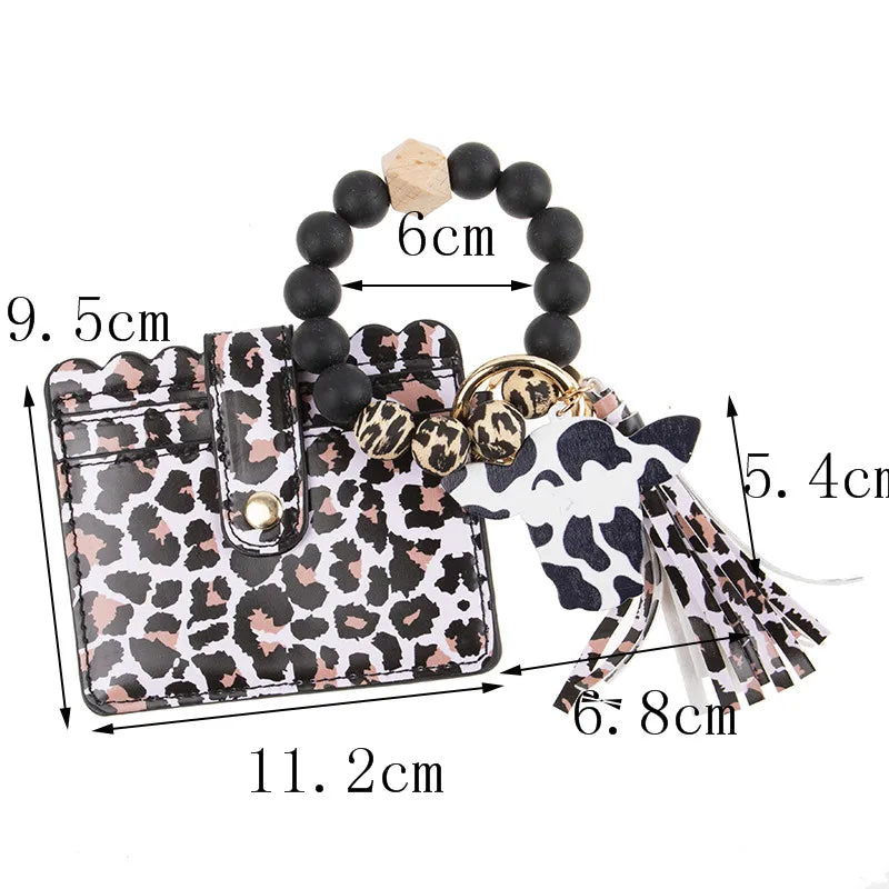 Hemasa  Silicone Beaded Bracelets Key Rings Leopard Print Card Holder Wallets Leather Tassel Keychains for Women Jewelry Gifts