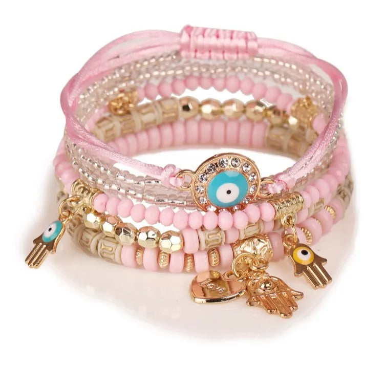 Bohemian Evil Eye Pendant Bracelet Set for Women Crystal Fatima Hand Charm Stone Beads Chain Bangle Female Bohemian Jewelry Gift