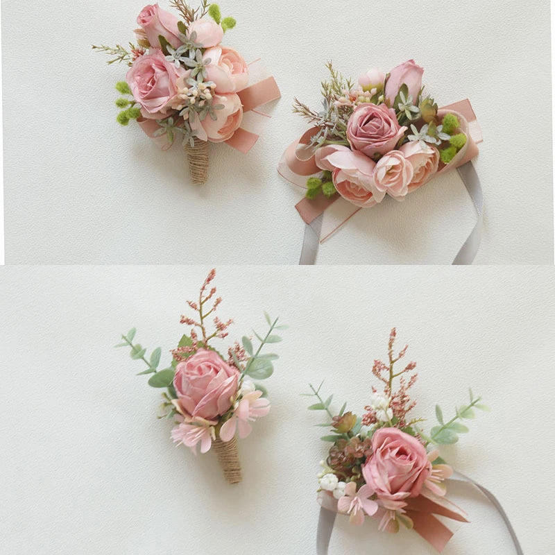 YeeNanee 6pcs Pink Corsage Boutonniere Set for Bride Groom Bridesmaids Groomsmen Wedding Cerenony Homecoming Prom Suit Flowers