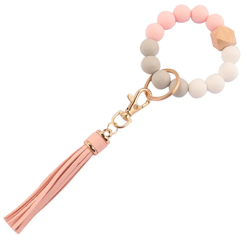 Hemasa  Silicone Wood Beads Keychain Keyring For Women Wristlet Bracelet Pendant Keychain With Jewelry Accessories