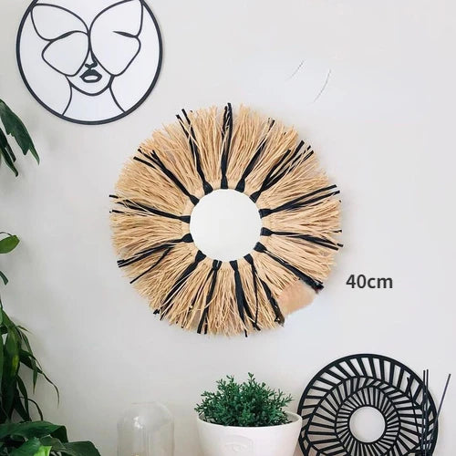Moroccan Hemp Rope Wooden Bead Mirror Round Raffia Wall Hangings Ins Handmade Straw Decorations