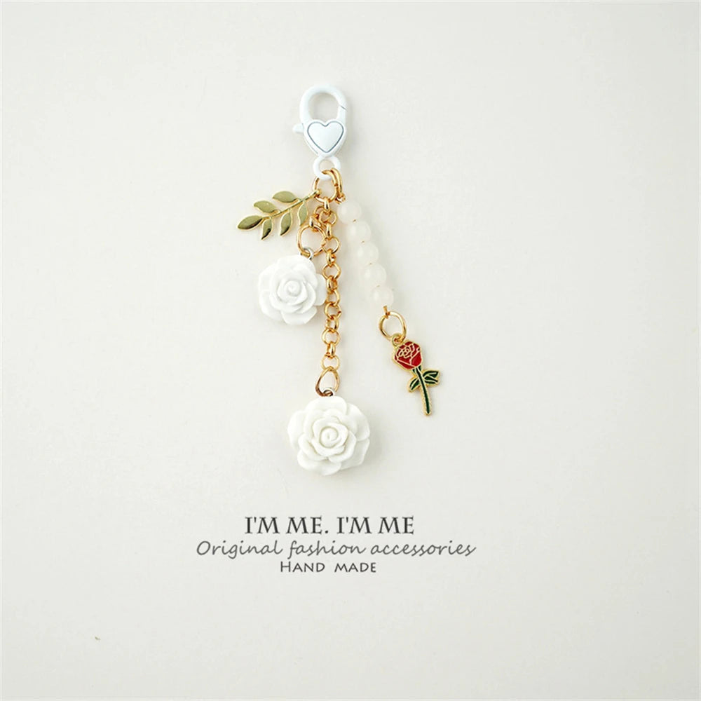Fashion Imitation Pearl Flower Keychain Cute Sakura Rose Plush Ball Keyring for Women Girls Car Handbag Phone Pendant Accessorie