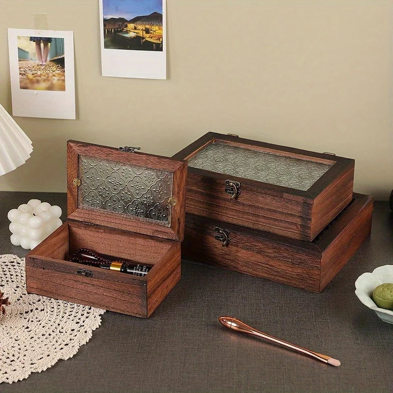 Retro Crabapple Flower Glass Covered Solid Wood Box for Home Miscellaneous Items Dried Fruit Certificates Dust-proof Storage Box