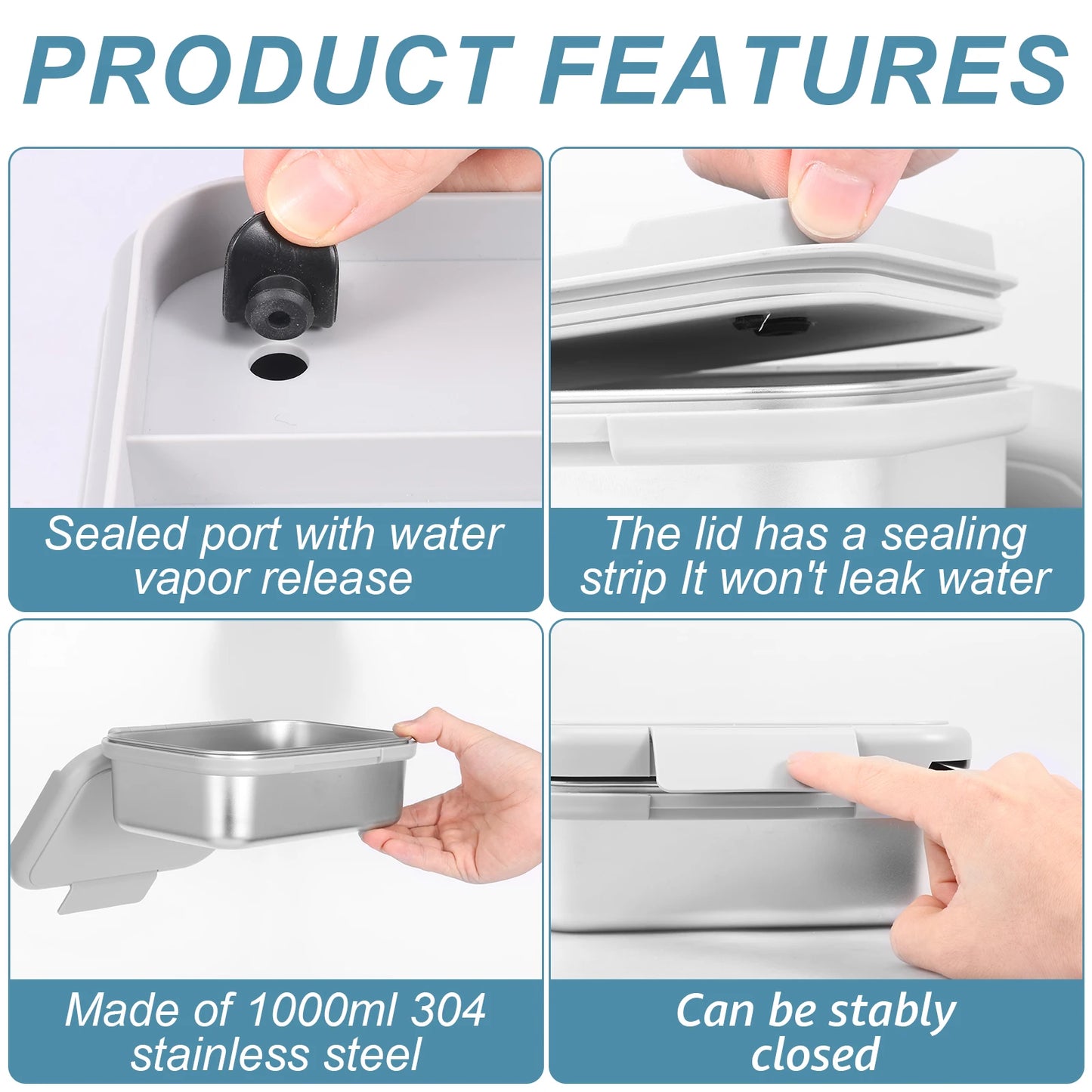 1000ml Lunch Box Stainless Steel Bento Boxes with Fork Spoon Leakproof Meal Food Container for Picnic Office School Traveling