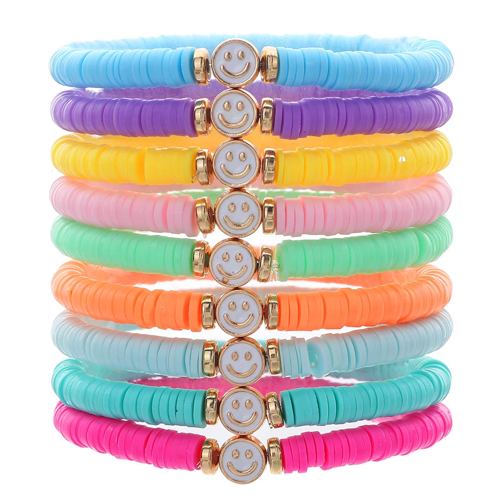 Hemasa 9 Color Enamel Smile Face Charm Bracelet For Girl/ Multicolor Polymer Clay Flat Beads Bracelet Set for Women