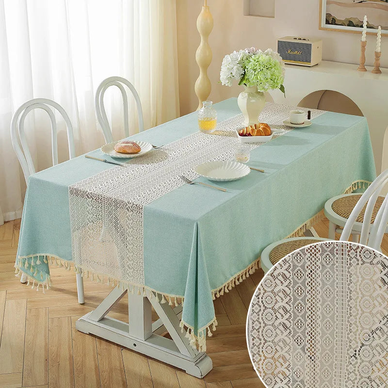 Tejesa Polyester and linen, with a simple and elegant style. Hollow out and spliced rectangular shape Table Cloth