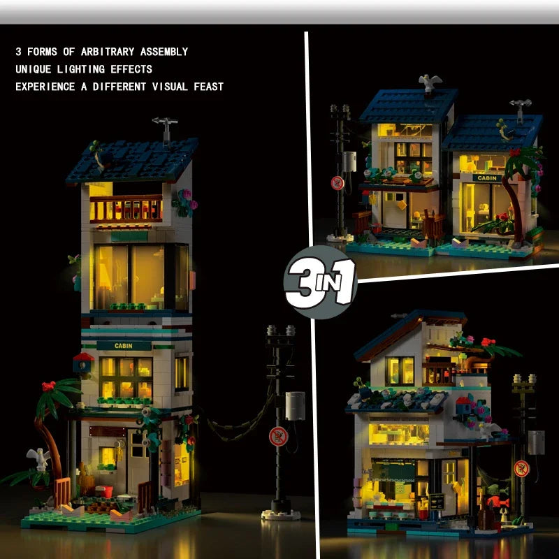 City Street View 3 in 1 Beach House Building Blocks MOC Creative Desktop Decoration Toy Set Block Brick Children Birthday Gift
