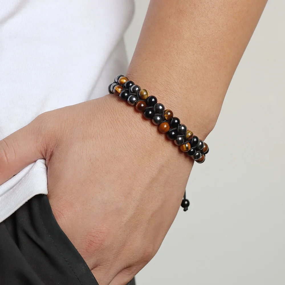 Tejesa Triple Protection Bracelet 6mm Beads Black Obsidian Hematite Tiger Eye Rope Bracelet for Men Women Weight Loss Slimming Bangle