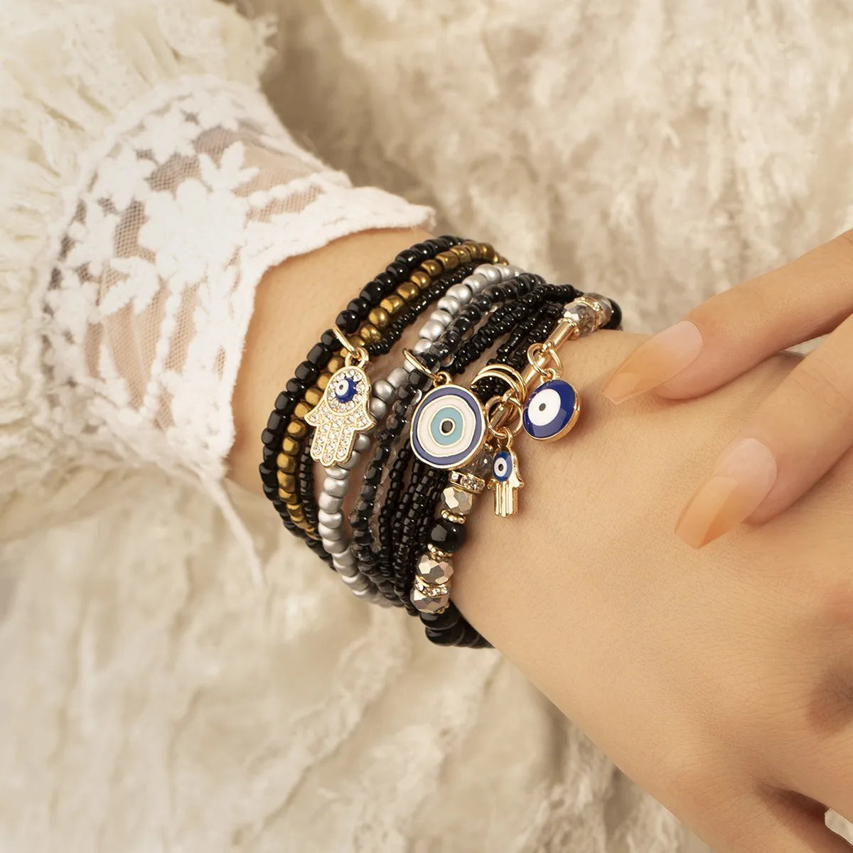 Bohemian Evil Eye Pendant Bracelet Set for Women Crystal Fatima Hand Charm Stone Beads Chain Bangle Female Bohemian Jewelry Gift