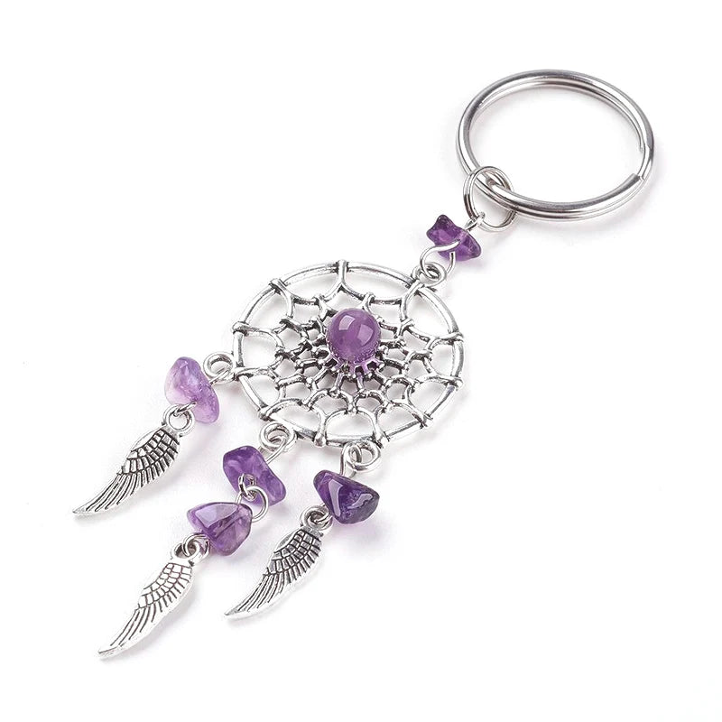 Bohemian Natural Stone Beads Dreamcatcher Keychain Women Men Boho Indians Wing Charms Key Chain On Bag Trinket Party Luck Gift