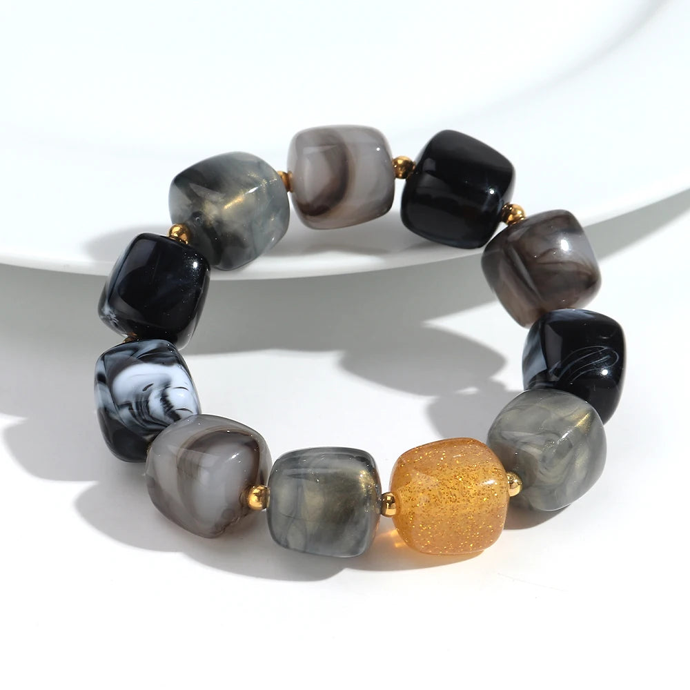 New Multicolor Acrylic Geometric Bead Bracelet for Women Trendy Resin Irregular Square Elastic Bracelets Handmade Jewelry Gift