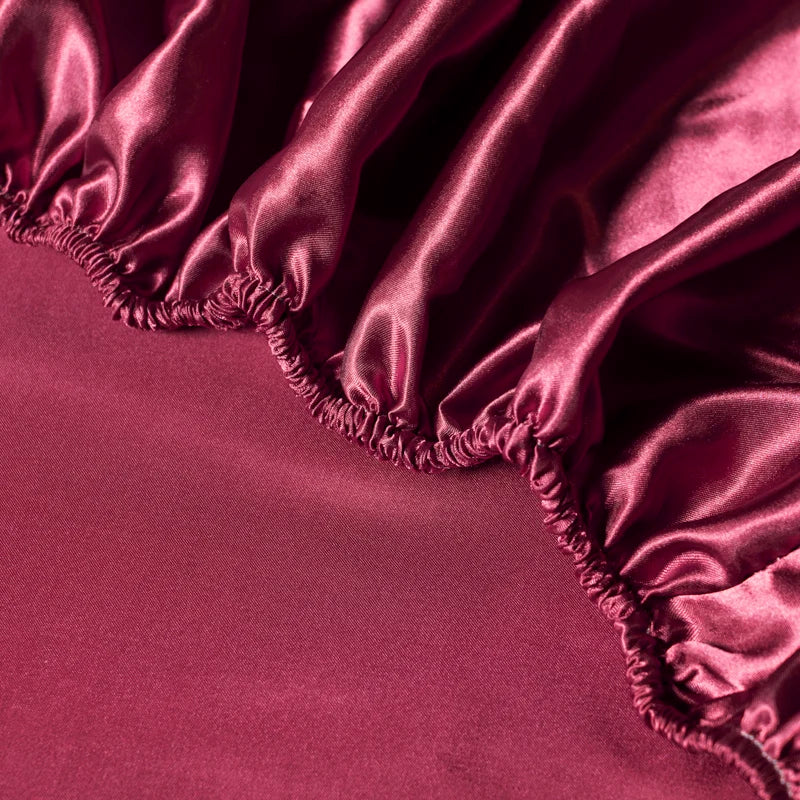 1Pc Satin Fitted Sheet Solid Colour Twin Full Queen Ice Silk Mattress Cover Natural With Elastic Band Bed Sheet (No Pillowcase)