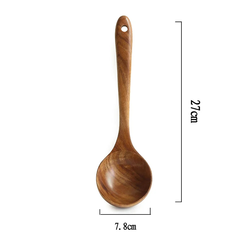Hemasa  4Pcs  Teak Natural Wood Tableware Spoon Ladle Turner Long Rice Colander Soup Skimmer Cooking Spoons