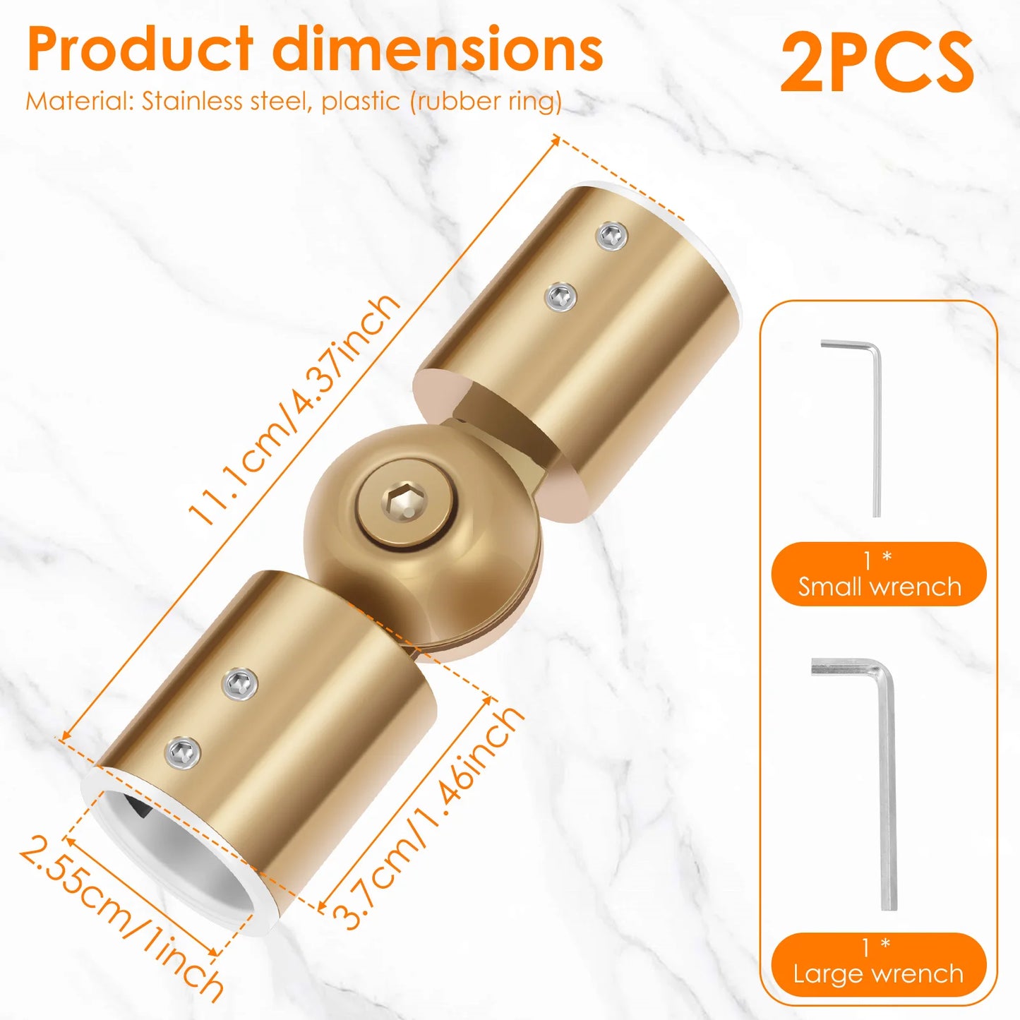 2Pcs Curtain Rod Corner Connector 90° to 180° Adjustable Angle Hinged Elbow Curtain Rod Connector 1Inch Window Curtain Connector
