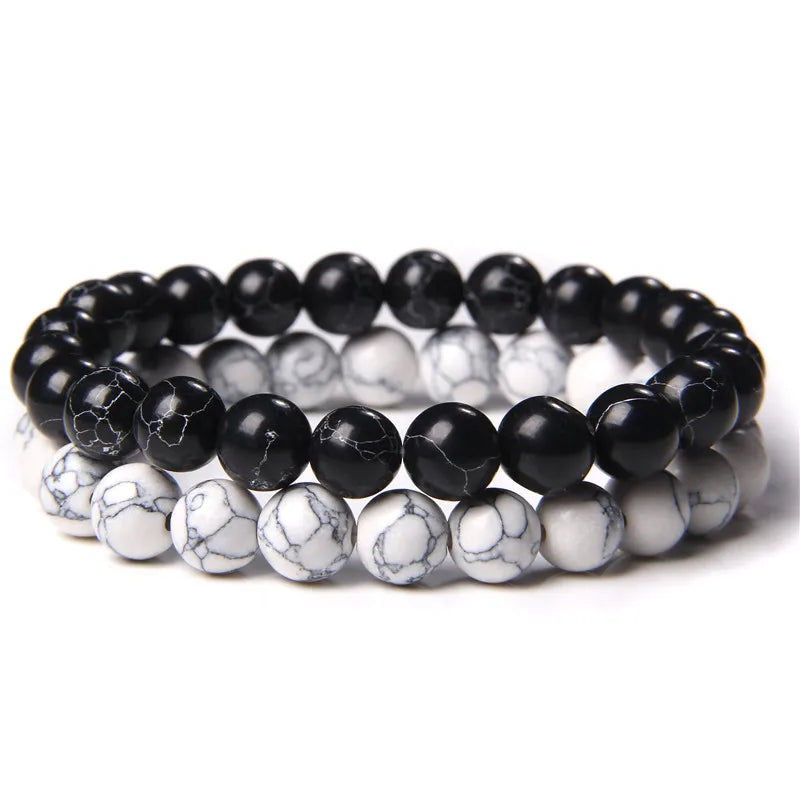 2pcs/set Beaded Bracelet Natural Stone Tiger Eye Hematite Beads Bracelet Men Energy Elastic Rope Bracelet Jewelry Couples Gifts