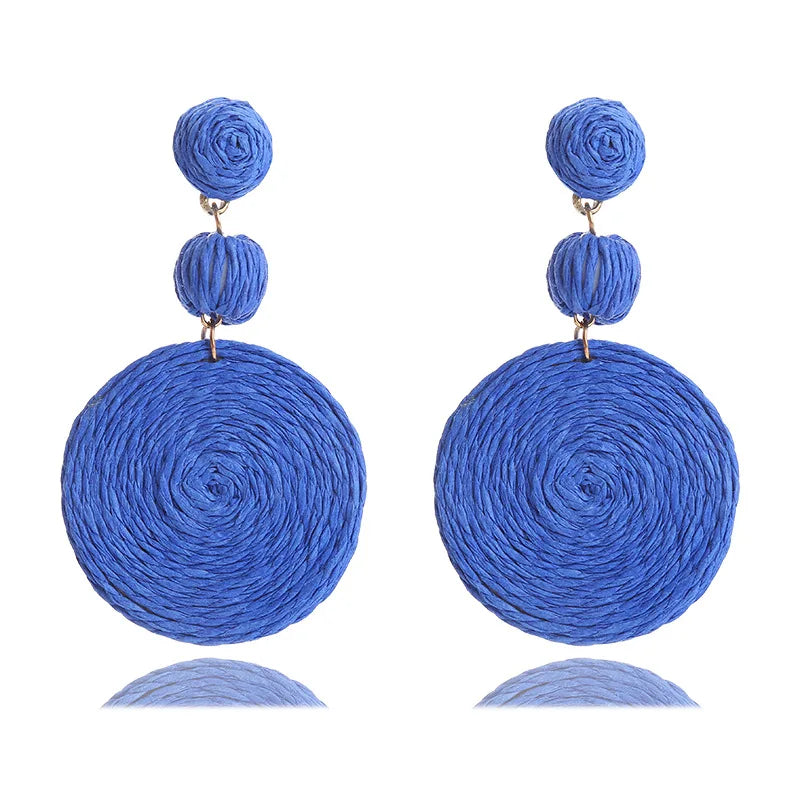 Summer Beach Bohemia Round Raffia Earrings For Women Boho Handmade Rattan Weave Drop Dangle Earrings Holiday Style