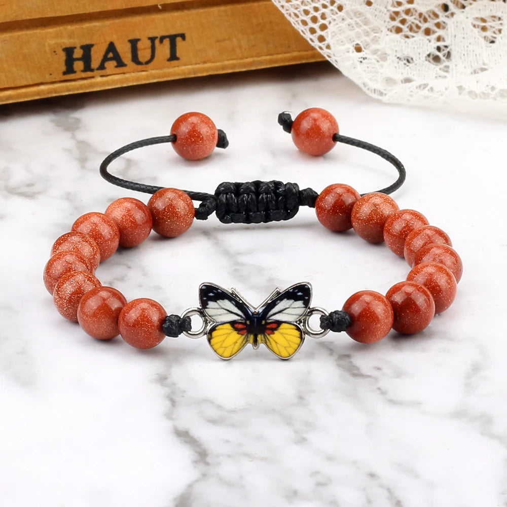 Charm Yellow Butterfly Bracelets Handamde Natural Stone Black Lava Agates Beads Yoga Bracelet Adjustable Bangles Couple Jewelry