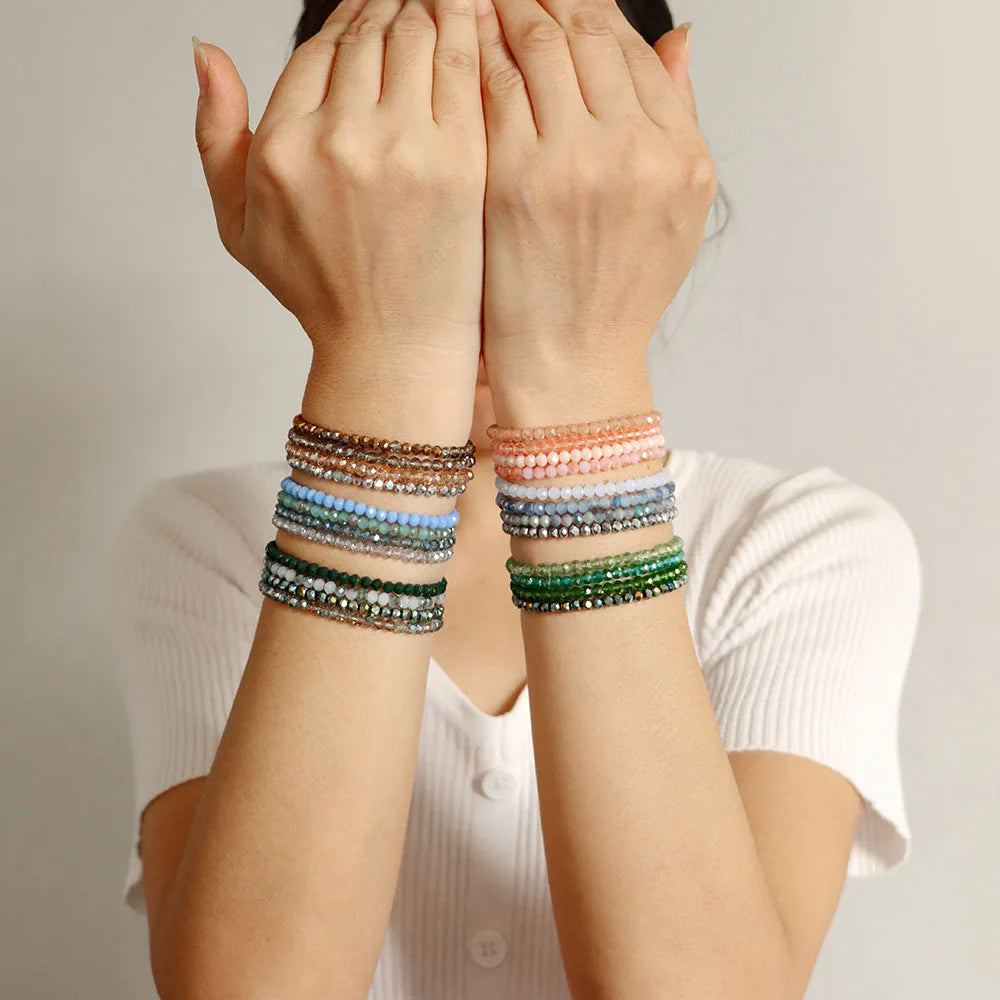 Hemasa Faceted Crystal Beads Bracelet Colorful Round Glass Couple Beaded Elastic Charm Bracelets Anniversary Wristband Gift
