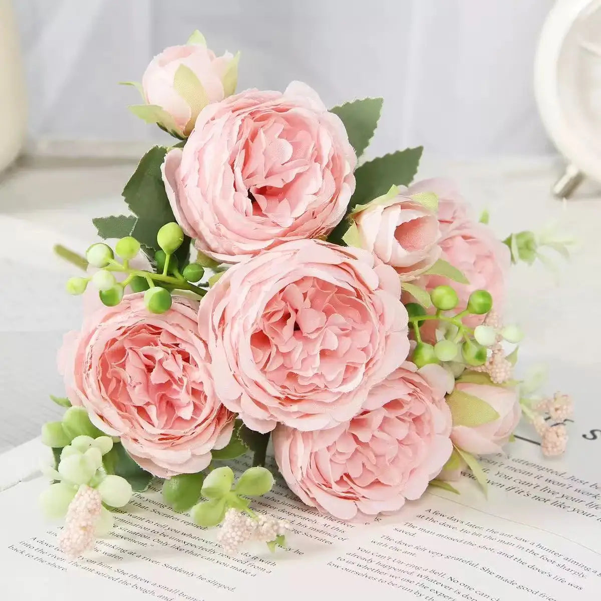 30cm Rose Pink Silk Peony Artificial Flowers Bouquet 5 Big Head and 4 Bud Cheap Fake Flowers for Home Wedding Decoration indoor