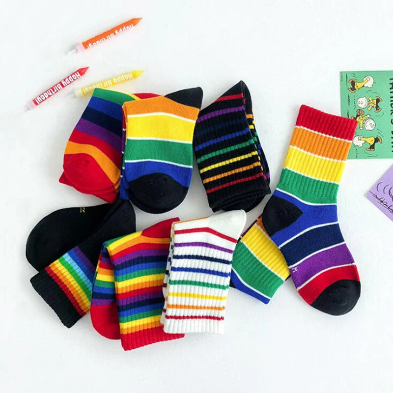 Children Socks Cotton Colourful Stripe Stockings Fashion Rainbow Print  For Girls Boys Crew Ankle Kids Long Socks