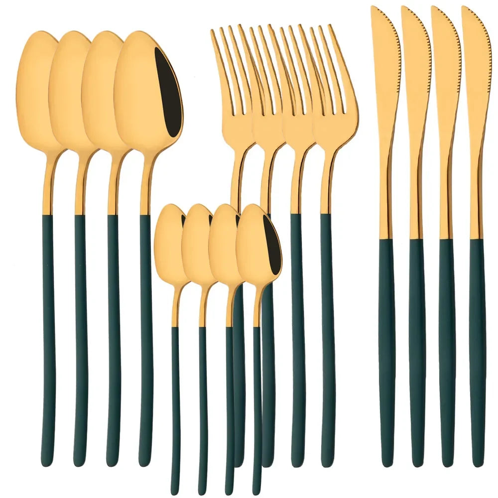 Hemasa 16Pcs Gold Dinnerware Stainless Steel Cutlery Set Knife Fork Tea Spoon Dinner Flatware Set Kitchen Silverware Tableware