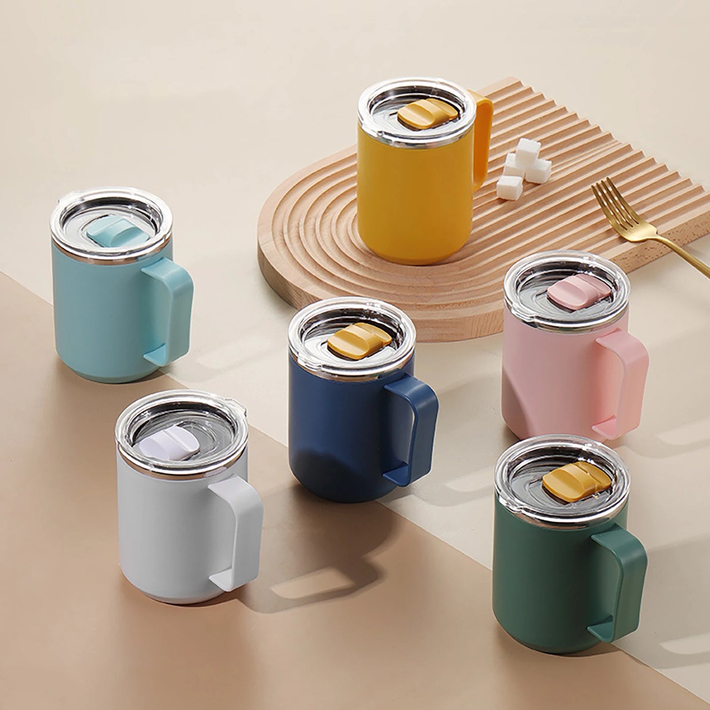 Hemasa 450ML Stainless Steel Coffee Cup Mug Handle Straw Lid Double-layer Drinkware Insulated Coffee Mug Tumbler Cold Hot Water Bottle