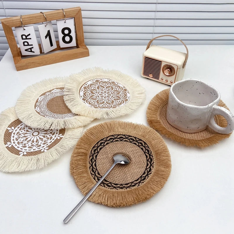 Hemasa Natural Jute Coaster Burlap Table Place Cup Mat Retro Hand Woven Non-Slip Coasters /Heat Insulation Placemat(Set of 4 )