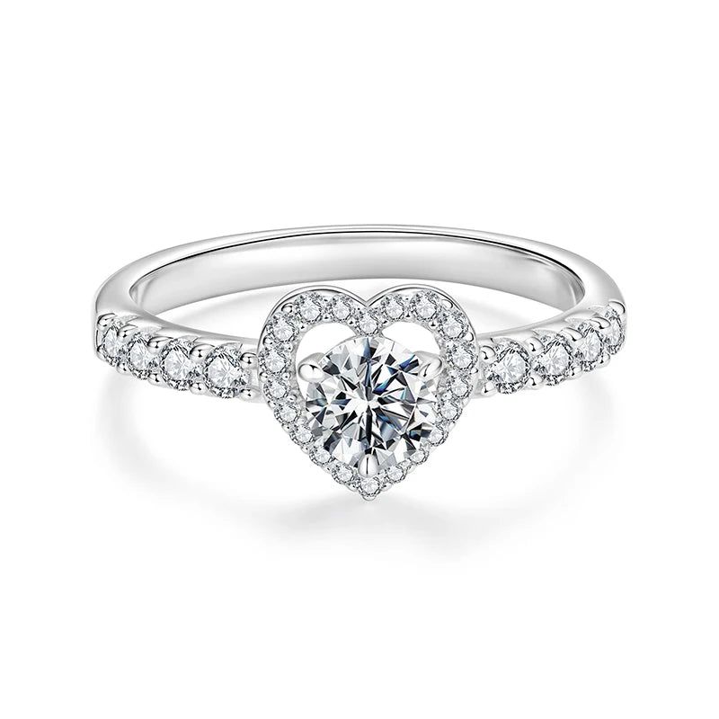BAMOER 0.5CT Moissanite Hollowed Heart Engagement Band Ring Half Enternity Ring for Women Wedding Jewelry Round Cut D Color VVS1