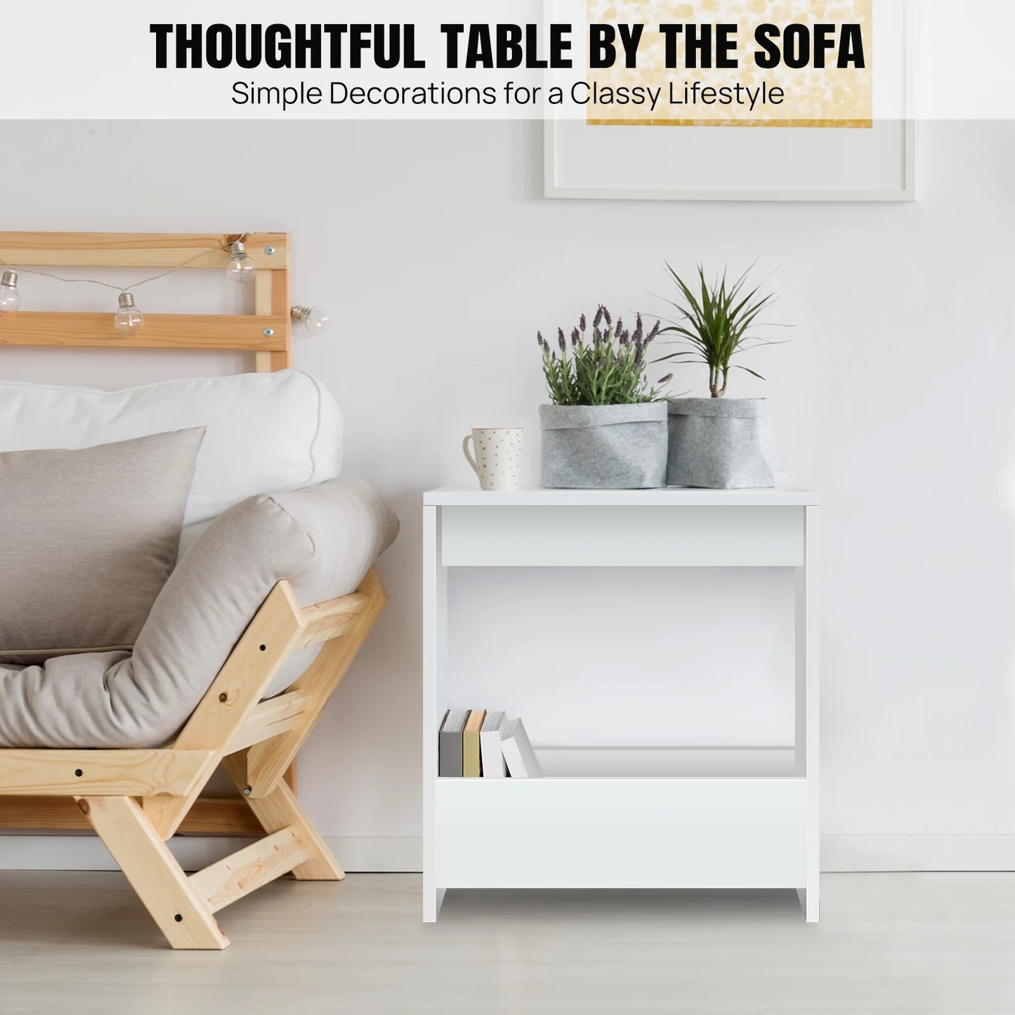 EFAN Side Table Slim End Table for Small Spaces, Narrow Bedside Table with Magazine Rack for Bedroom Living Room , Office, White