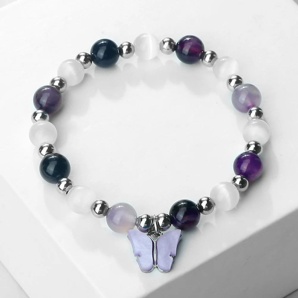 Bohemia Acrylic Butterfly Bracelets For Women 8mm Opal Cat Eye Beads Stretch Bracelets Female Wrist Jewelry Valentine's Day Gift