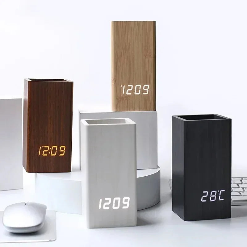 Tejesa Pencil Organizer Pen Holder Alarm Creative Simple Desktop Wooden Clock  Led Time Temperature Date Display Clock Home Decor