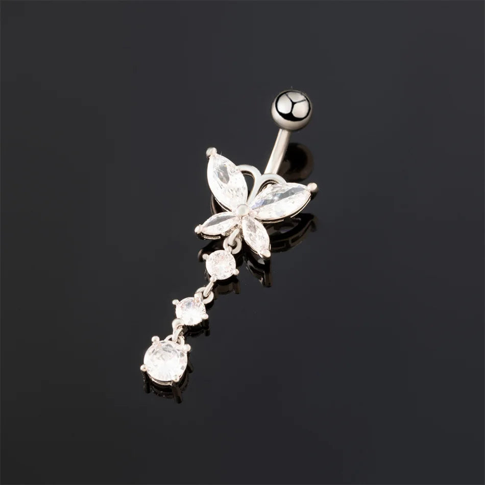 G23titan Crystal Zircon Butterfly Dangle Belly Button Ring Titanium or Steel Bar Navel Piercing Jewelry Women Body Accessories