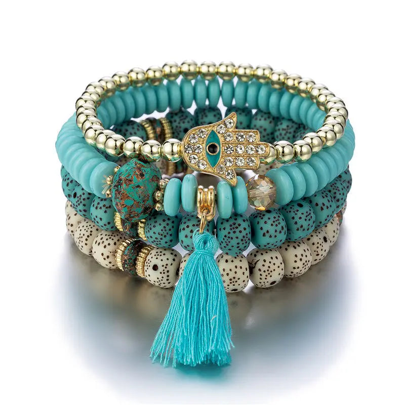 Hemasa  Evil Eye Tassel Bracelet Set For Women  / Stone Beads Chain Bangle Female Bohemian Jewelry Gift