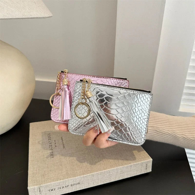 Fashion Print Glossy Mini Coin Wallet for Women Versatile Crocodile PU Portable Zipper Coin Purse ID Card Holder Key Coin Pouch
