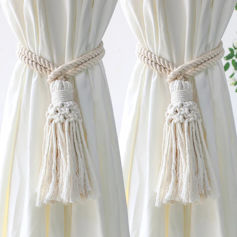 Handmade Macrame Curtain Holdbacks,Wooden Bead Curtain Tiebacks,Boho Home Decoration,Cotton Hanging Rope Curtains Accessories
