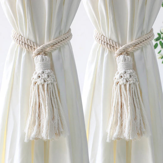 Handmade Macrame Curtain Holdbacks,Wooden Bead Curtain Tiebacks,Boho Home Decoration,Cotton Hanging Rope Curtains Accessories