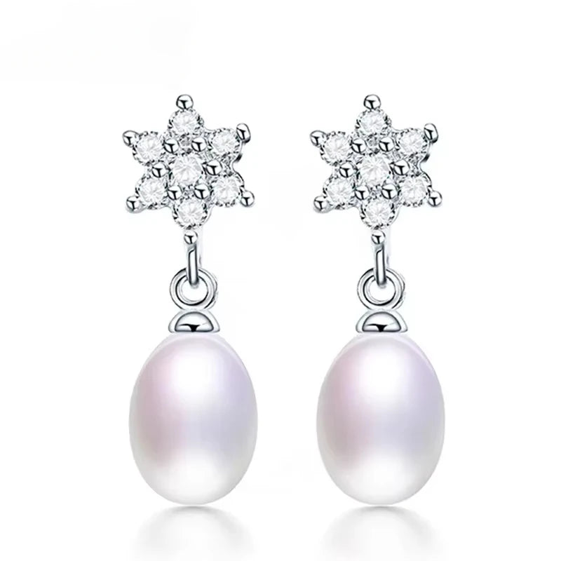 YWYC 8-9mm Natural Freshwater Pearl Earrings Jewelry Gift Hexagram Star 925 Sterling Silver Zircon Drop Earrings for Women