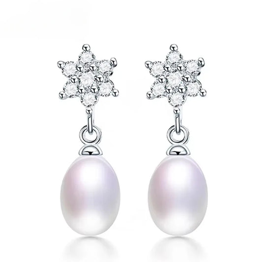 YWYC 8-9mm Natural Freshwater Pearl Earrings Jewelry Gift Hexagram Star 925 Sterling Silver Zircon Drop Earrings for Women