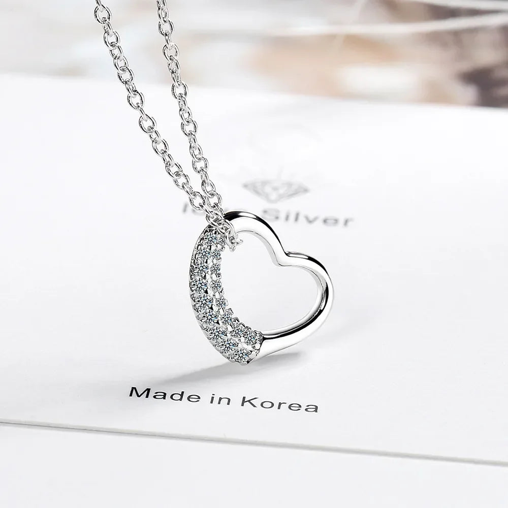 Heamsa 925 Sterling Silver  Love Diamond Zircon Pendant Women's  Chain Necklace (40cm +3.5cm)
