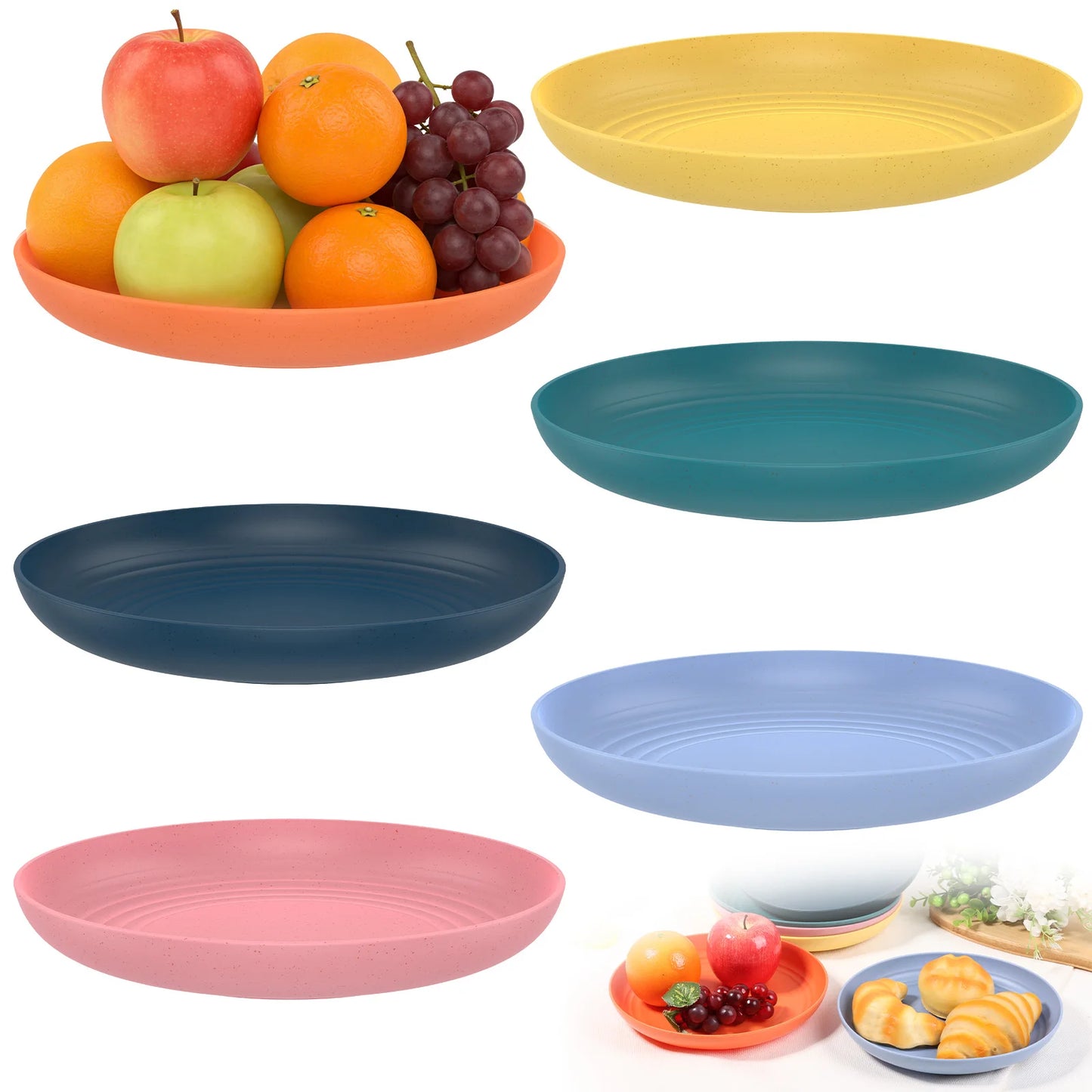 Tejesa 6Pcs Circular Dining Plate 8.74 Inch Plastic Dinner Plate Microwave and Dishwasher Safe Dish Food Pan for Kitchen Picnic Tray