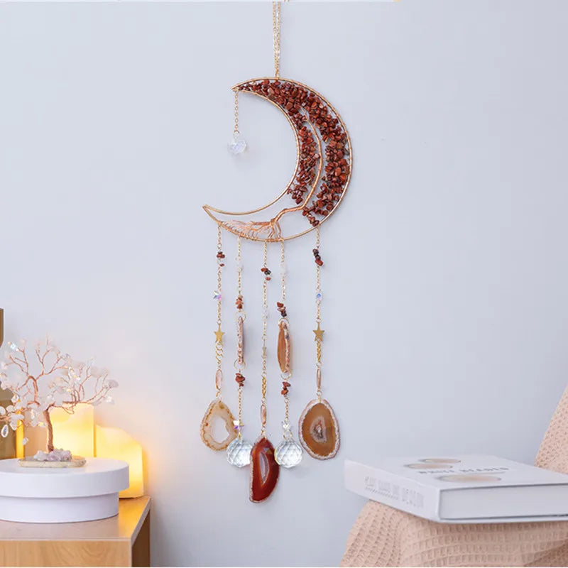 Hemasa Crystal Natural Gemstone Tree of Life Healing Pink Quartz 7 Chakras Grave Agate Stones Reiki Moon Suncatcher Hanging Home Decor
