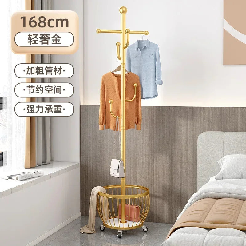 Standing Coat Rack with Basket, Entryway Coat Hanger Stand, Mobile Clothes Storage Rack with Wheels, Hallway