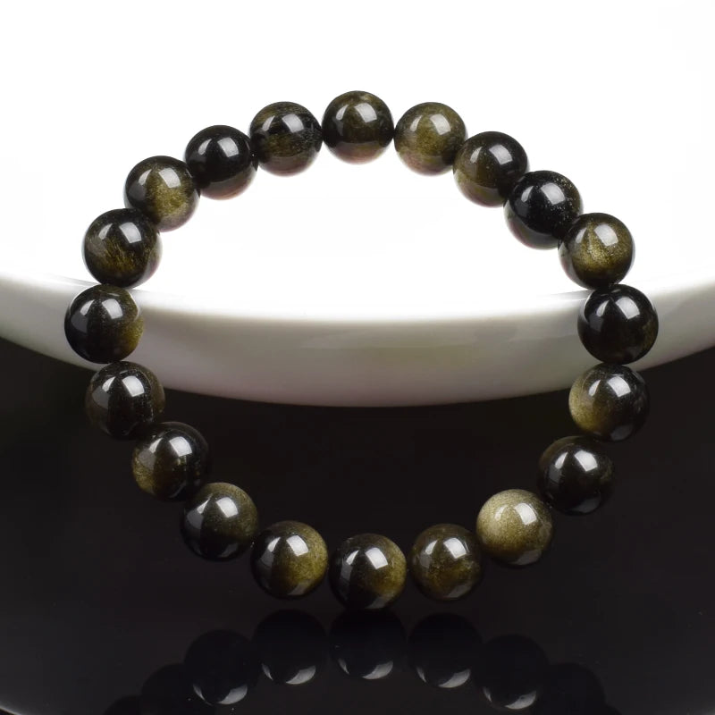 Tejesa Natural Golden Obsidian Stone Beads Bracelet Men Women/ Golden Light Rainbow Obsidian Raw Stone Round Bead Natural Energy Jewelry